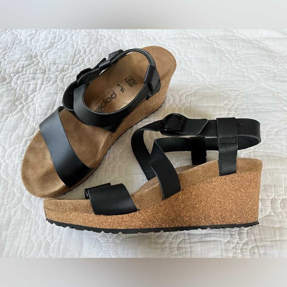 Papillio/Birkenstock Black Leather Wedge Sandals 38